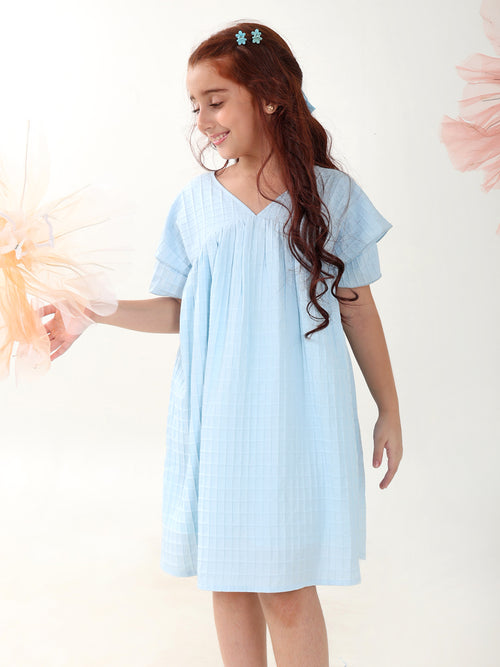 Girls Dresses Blue Short Sleeve Round Neck