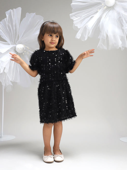 Girls Black Polyester Dress Stylish Evening and Party Outfit