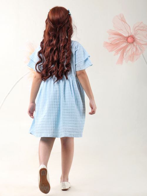 Girls Dresses Blue Short Sleeve Round Neck