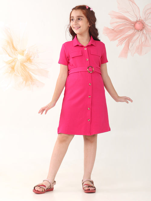 Girls Dresses Pink Short Sleeve Shirt Collar