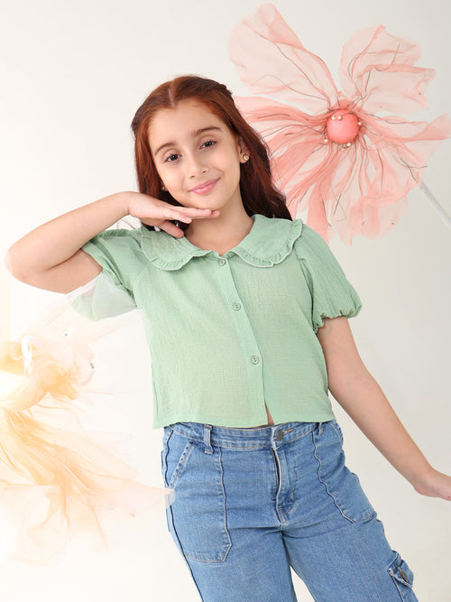 Girls Tops Green Short Sleeves Shirt Collar