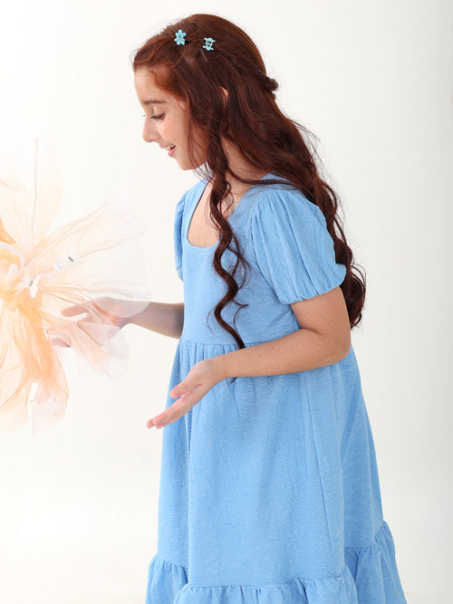 Girls Dresses Blue Short Sleeve Round Neck