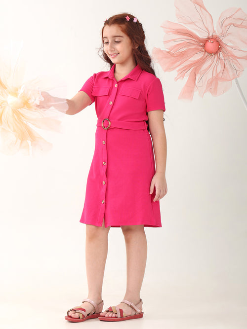 Girls Dresses Pink Short Sleeve Shirt Collar
