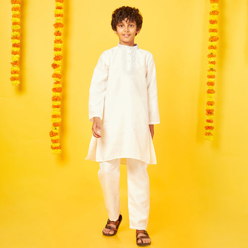 White Silk Kurta With Pajama Set For Father-Son