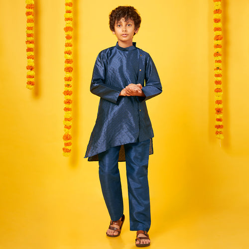 Navy Silk Kurta With Pajama Set For Father-Son