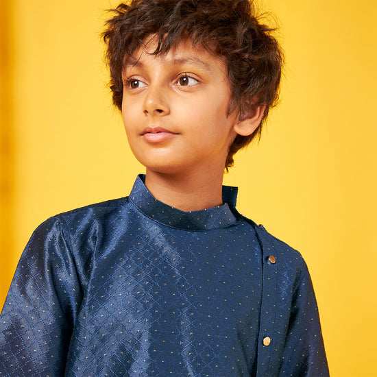 Navy Silk Kurta With Pajama Set For Father-Son