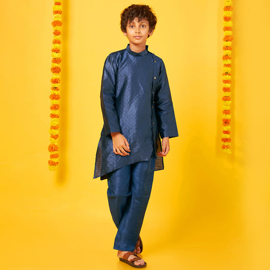 Navy Silk Kurta With Pajama Set For Father-Son