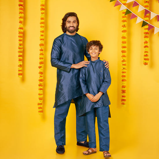 Navy Silk Kurta With Pajama Set For Father-Son