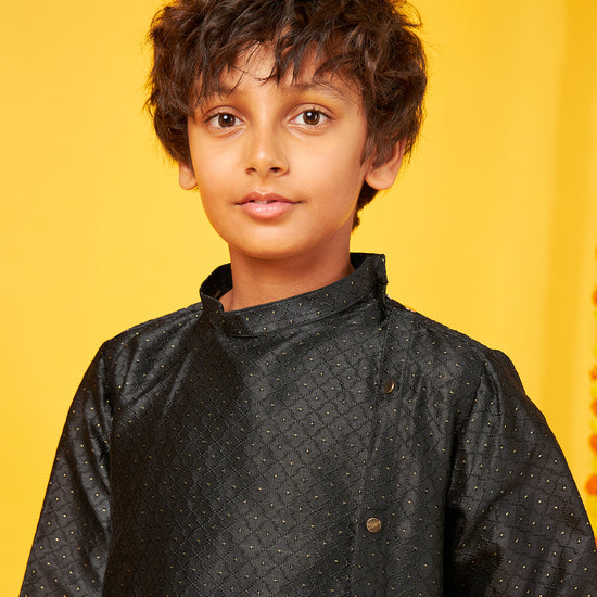 Black Silk Kurta With Pajama Set For Father-Son