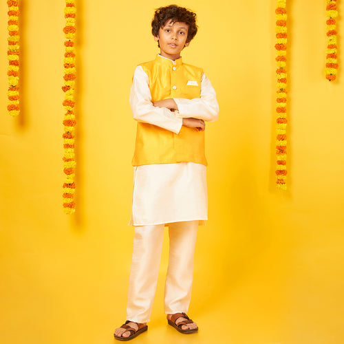 White Silk Kurta With Gold Bandi Pajama Set For Father-Son