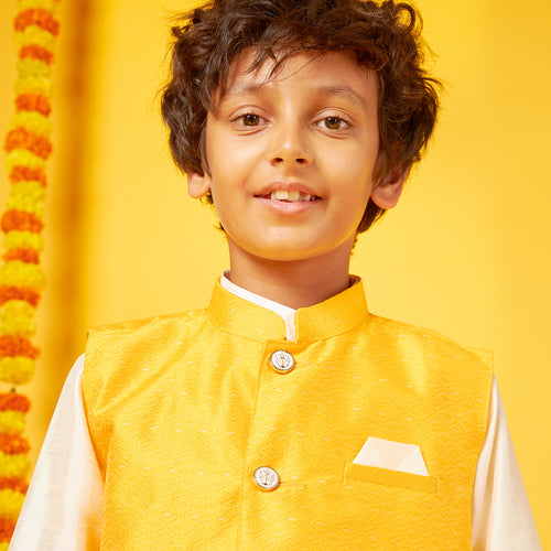 White Silk Kurta With Gold Bandi Pajama Set For Father-Son