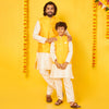 White Silk Kurta With Gold Bandi Pajama Set For Father-Son