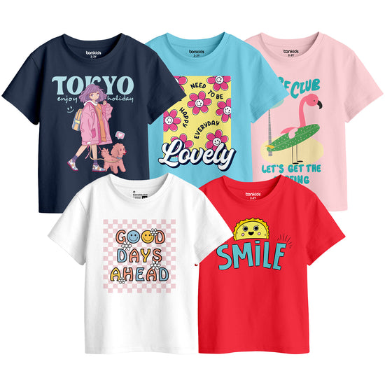 Girls Graphic Printed Pack Of 5 Tees