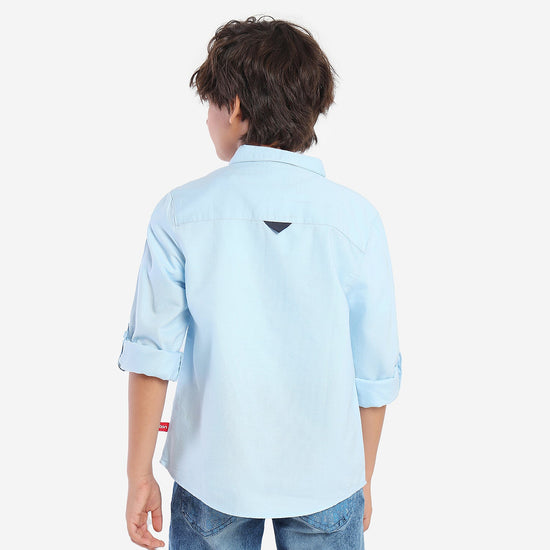 Boys Blue Solid Pocket Line Full Sleeve Shirt