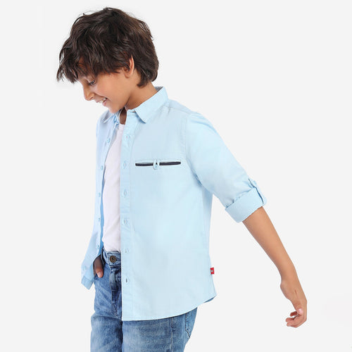 Boys Blue Solid Pocket Line Full Sleeve Shirt