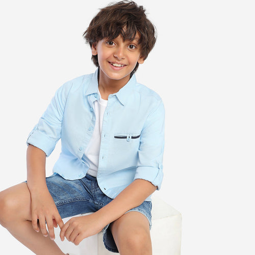 Boys Blue Solid Pocket Line Full Sleeve Shirt