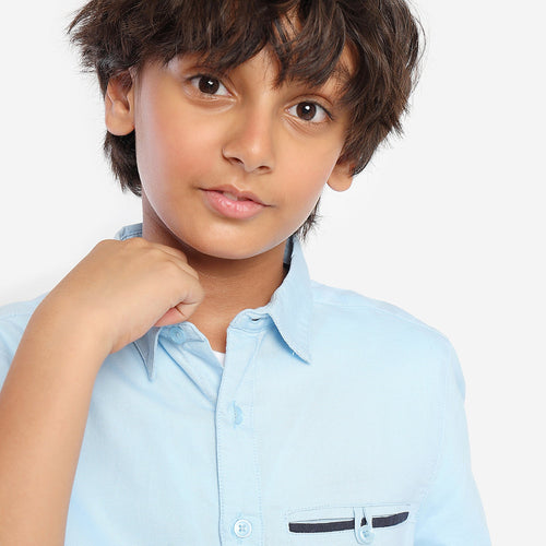 Boys Blue Solid Pocket Line Full Sleeve Shirt
