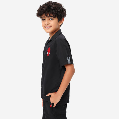 BONKIDS BOYS Black Spiderman Embroidery Half Sleeve SHIRTS