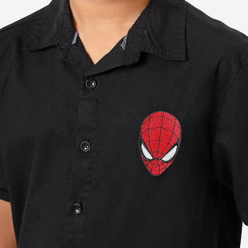 BONKIDS BOYS Black Spiderman Embroidery Half Sleeve SHIRTS