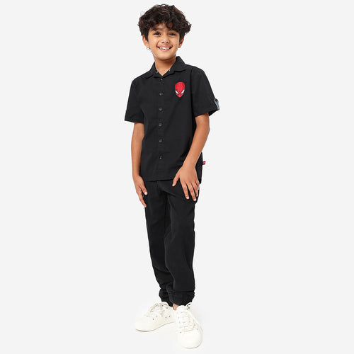 BONKIDS BOYS Black Spiderman Embroidery Half Sleeve SHIRTS