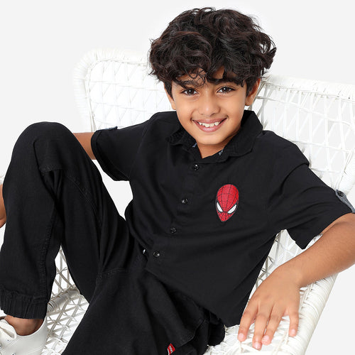 BONKIDS BOYS Black Spiderman Embroidery Half Sleeve SHIRTS