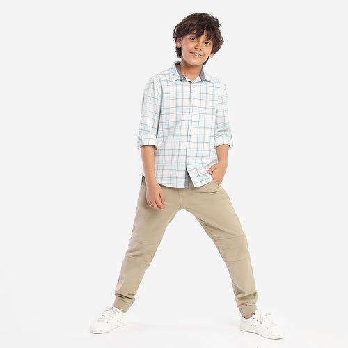 Boys White Blue Checks Full Sleeves Shirt