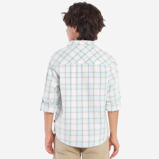 Boys White Blue Checks Full Sleeves Shirt