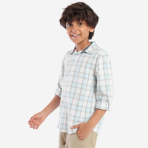Boys White Blue Checks Full Sleeves Shirt