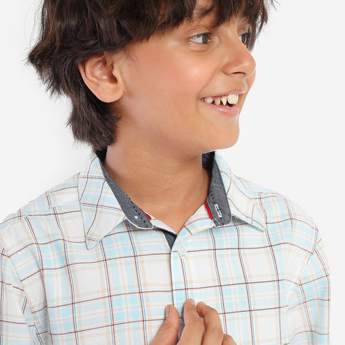 Boys White Blue Checks Full Sleeves Shirt