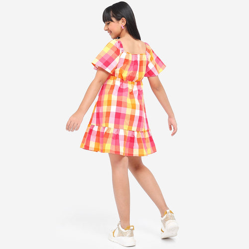 Girls Flared Sleeves Checkered Casual Cotton Dress