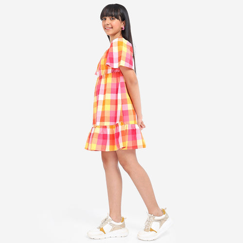 Girls Flared Sleeves Checkered Casual Cotton Dress
