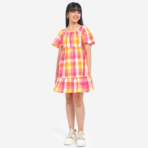 Girls Flared Sleeves Checkered Casual Cotton Dress