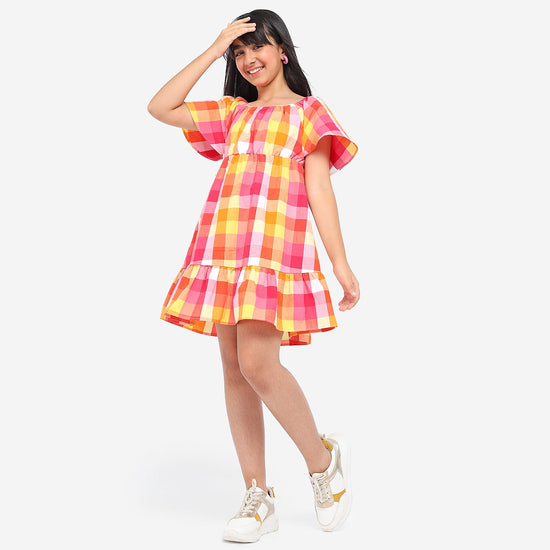 Girls Flared Sleeves Checkered Casual Cotton Dress