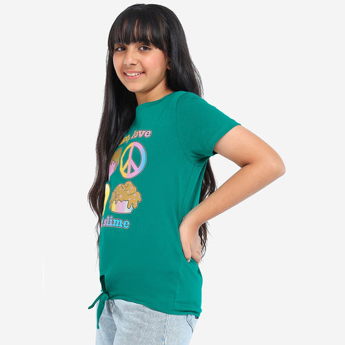Girls Knotted Glitter Printed Cotton Tshirt