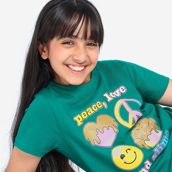 Girls Knotted Glitter Printed Cotton Tshirt