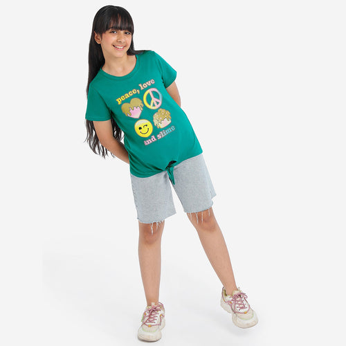 Girls Knotted Glitter Printed Cotton Tshirt