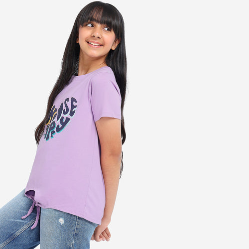 Girls Knotted Printed Cotton Tshirt