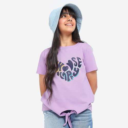 Girls Knotted Printed Cotton Tshirt