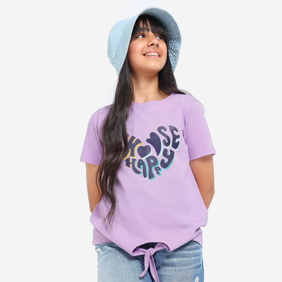 Girls Knotted Printed Cotton Tshirt