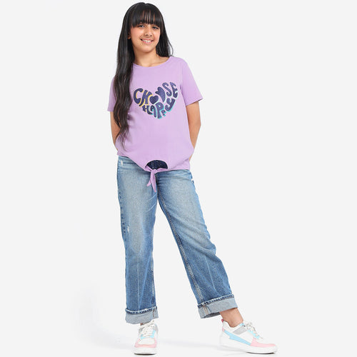 Girls Knotted Printed Cotton Tshirt