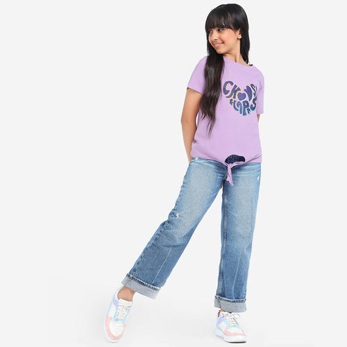 Girls Knotted Printed Cotton Tshirt