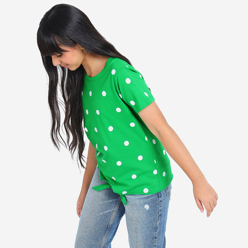 Girls Green Printed Knotted Cotton Top