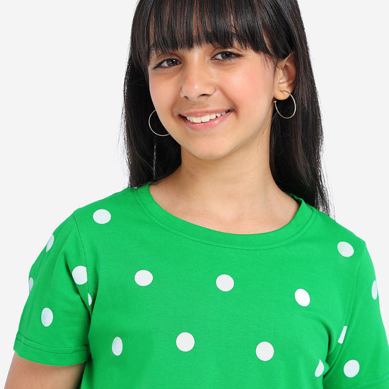 Girls Green Printed Knotted Cotton Top
