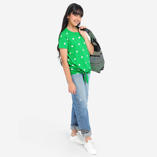 Girls Green Printed Knotted Cotton Top