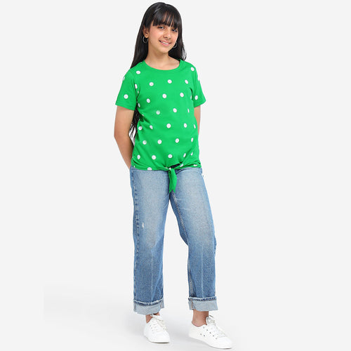 Girls Green Printed Knotted Cotton Top