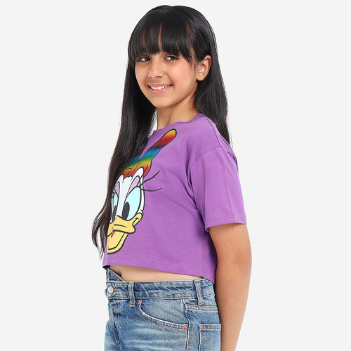 Girls Oversized Croped Daisy Print Cotton Tshirt
