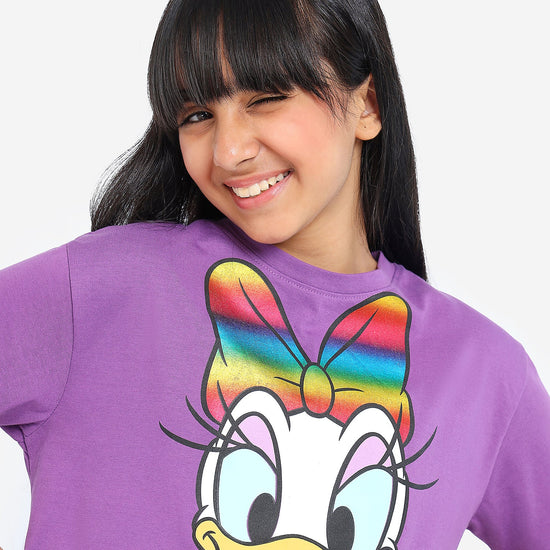 Girls Oversized Croped Daisy Print Cotton Tshirt