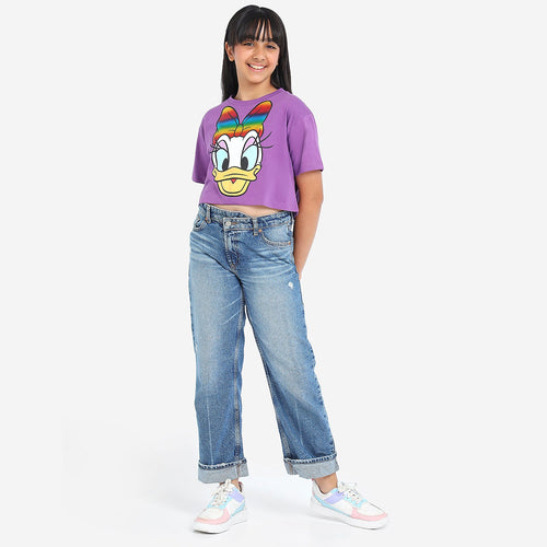 Girls Oversized Croped Daisy Print Cotton Tshirt