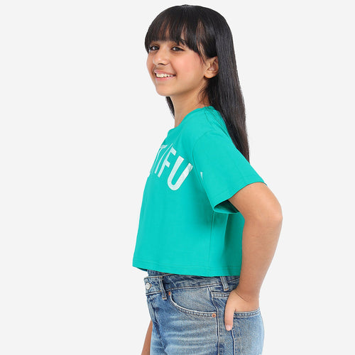 Girls Oversized Croped Glitter Print Cotton Tshirt