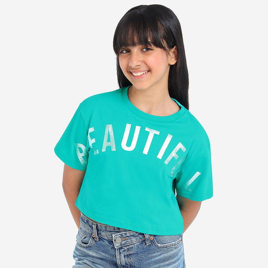 Girls Oversized Croped Glitter Print Cotton Tshirt